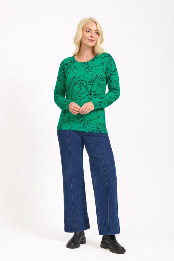 Mudflower Rose Print Crew Neck Jumper Green - Image 2