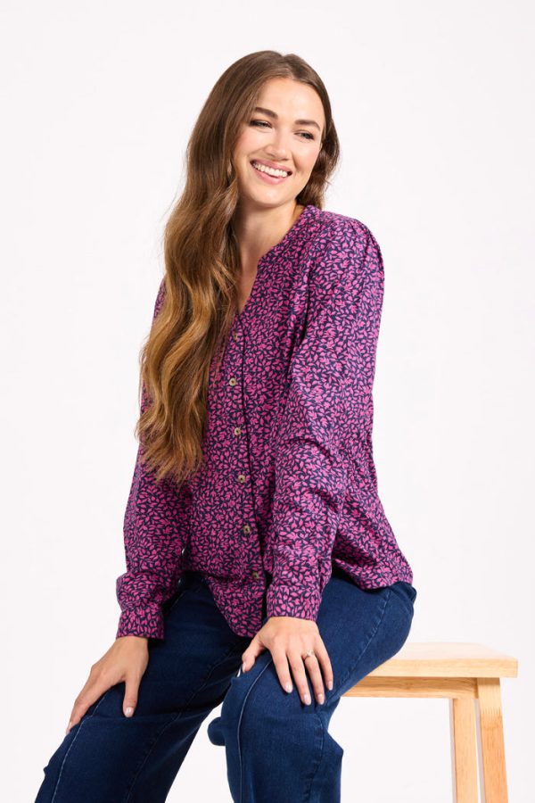 Mudflower Leaf Print Grandad Collar Top Pink