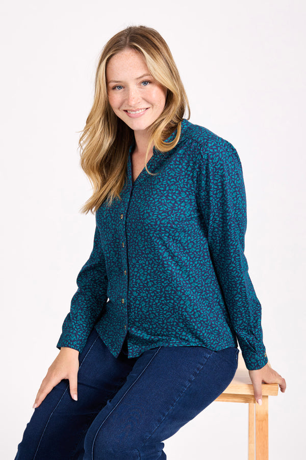 Mudflower Leaf Print Grandad Collar Top Teal