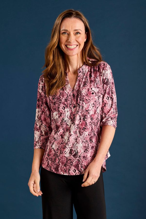 Emreco Snake Print Mandarin 3/4 Sleeve Top Pink
