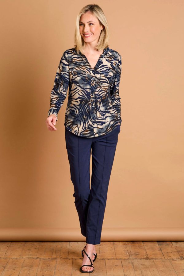 Emreco Tiger Print LS Collar Top Navy - Image 2