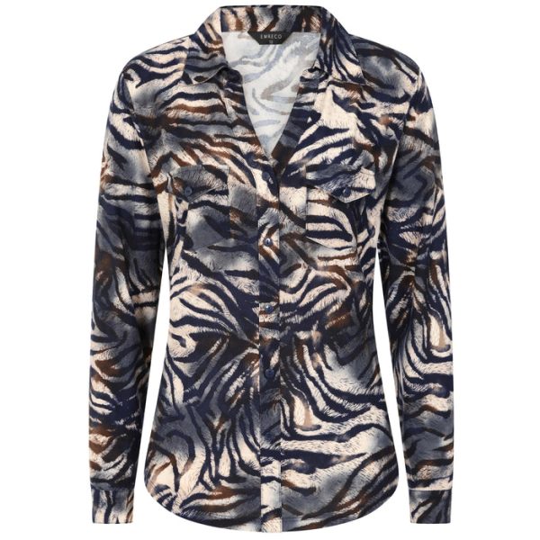 Emreco Tiger Print LS Collar Top Navy - Image 3