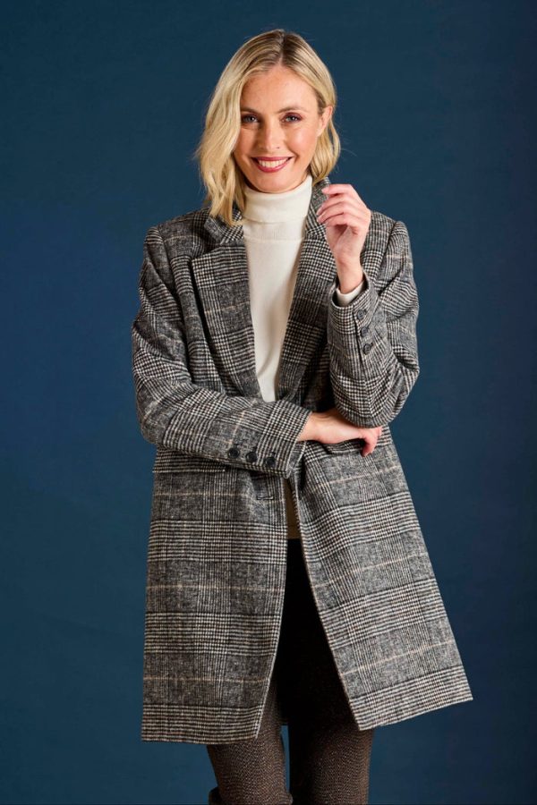 Emreco Check Revere Collar Coat Stone