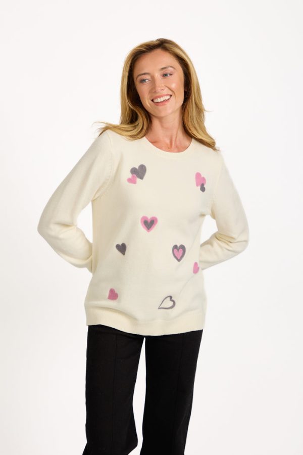 Mudflower Crew Neck Heart Motif Fine Knit Jumper C
