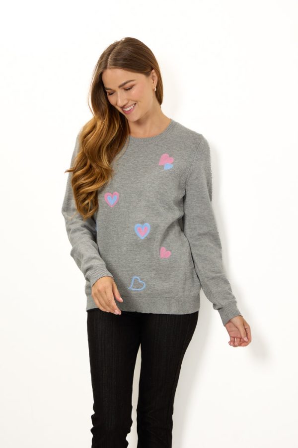 Mudflower Crew Neck Heart Motif Fine Knit Jumper G