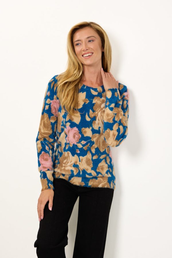 Mudflower Crew Neck Fluffy Floral Jumper Blue