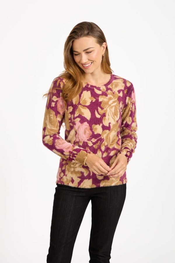 Mudflower Crew Neck Fluffy Floral Jumper Plum