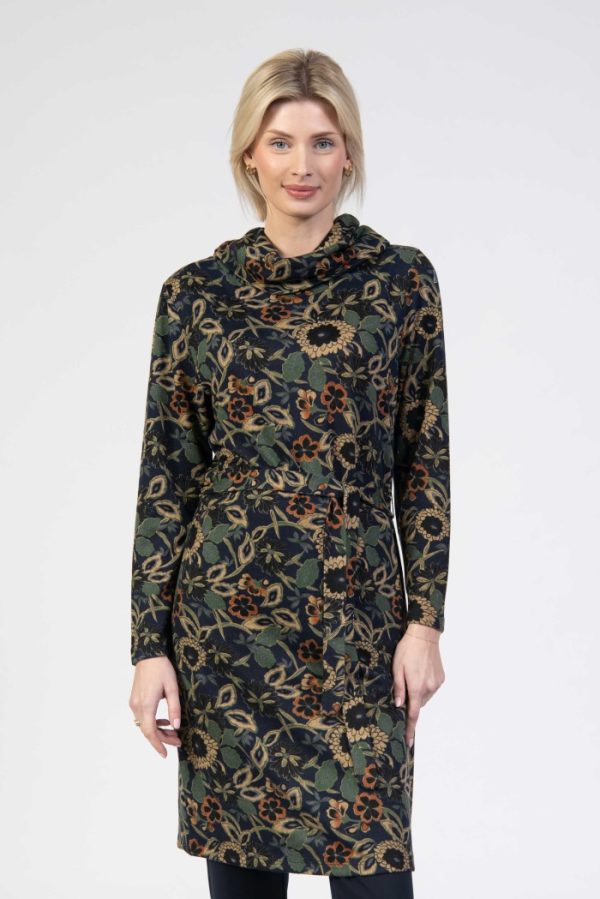Jessica Graaf Cowl Neck Floral Belt Dress Navy
