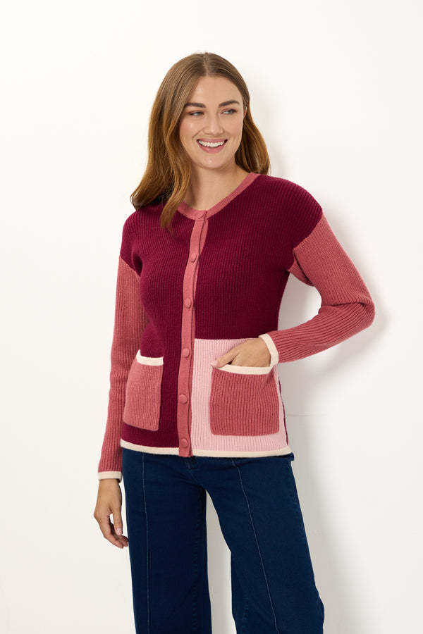 Mudflower Colour Block Front Pockets Cardigan Wine
