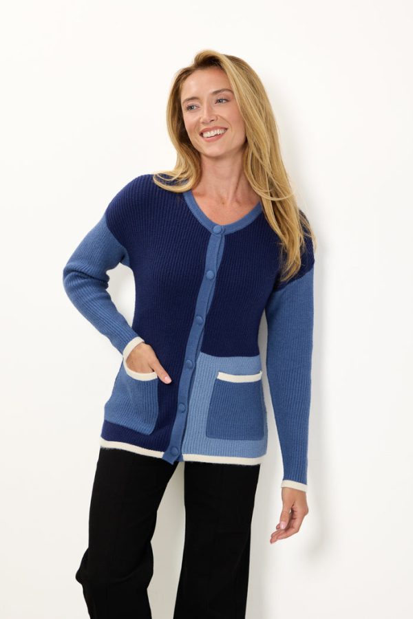 Mudflower Colour Block Front Pockets Cardigan Navy