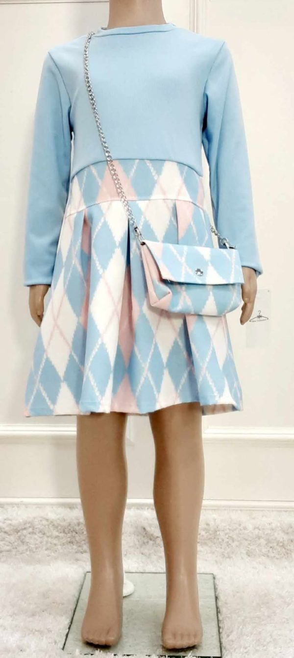 Girls 2pce Argyle Print Dress With Bag Blue