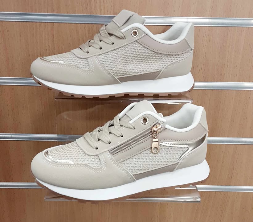 Ladies Zip Detail Sparkle Mesh Runner Beige