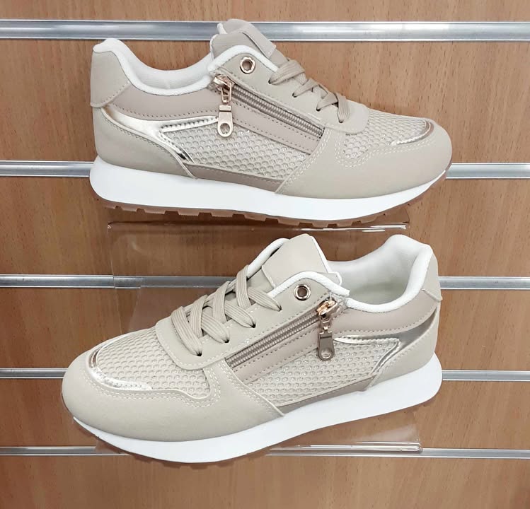 Ladies Zip Detail Sparkle Mesh Runner Beige - Image 2