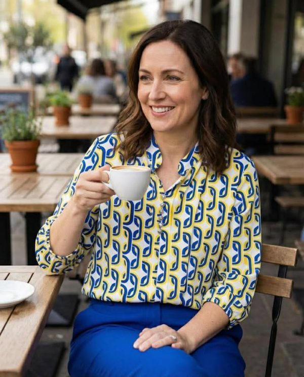 Yew Chain Print Mandarin Collar Top Yellow