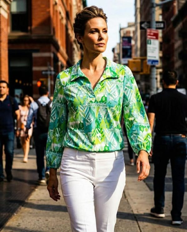 Yew Multi Leaf Print Elastic Top Green