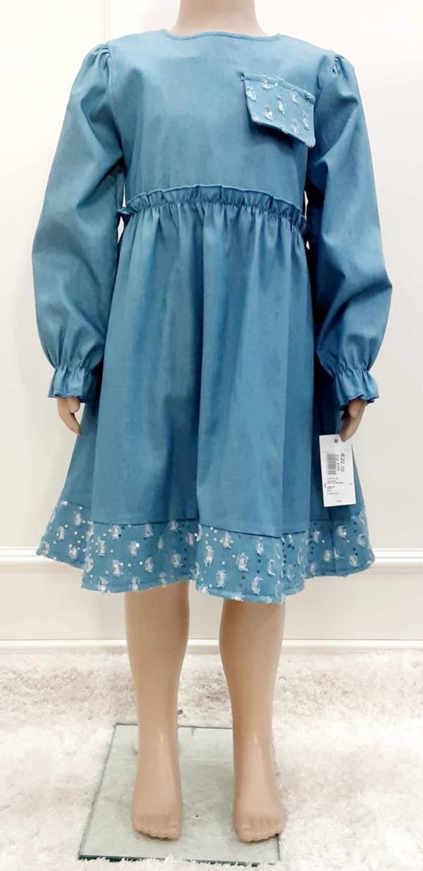 Girls Sequin Trim Denim Dress Blue