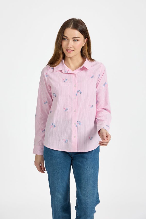 Mudflower Floral Embroidered Stripe Shirt Pink