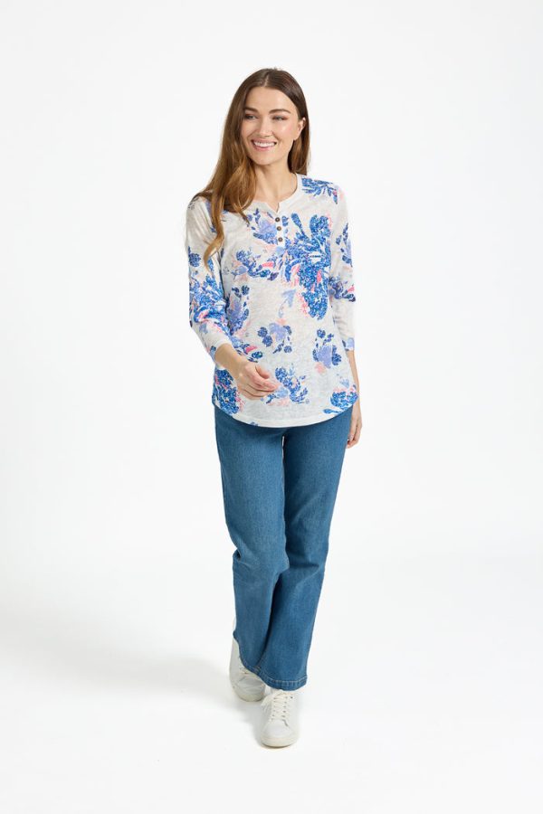 Mudflower Floral Print Burnout Top Blue