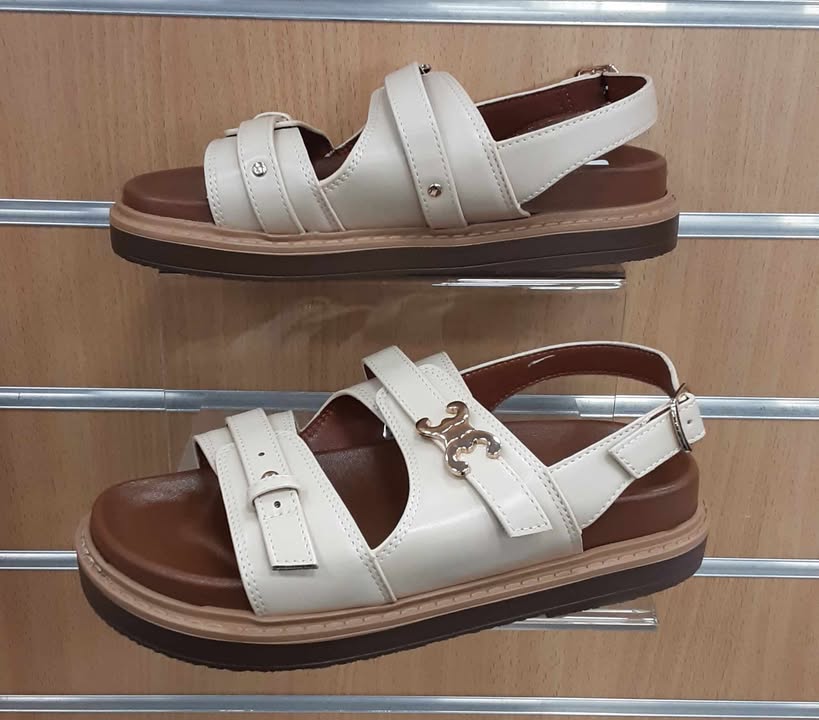 Ladies Gold Buckle Detail Flat Sandals Beige