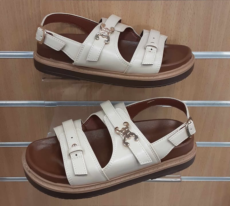 Ladies Gold Buckle Detail Flat Sandals Beige - Image 2