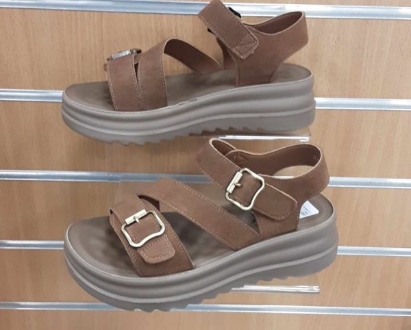 Ladies Faux Suede Buckle Detail Wedge Sandal Camel