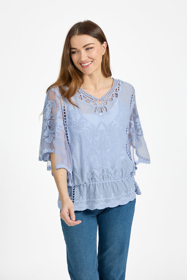 Mudflower Embroidered Batwing Top Blue