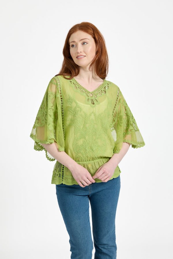 Mudflower Embroidered Batwing Top Green