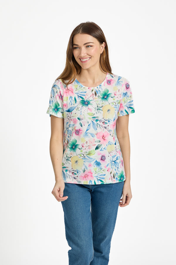 Mudflower Floral Print Watercolour Top Pink