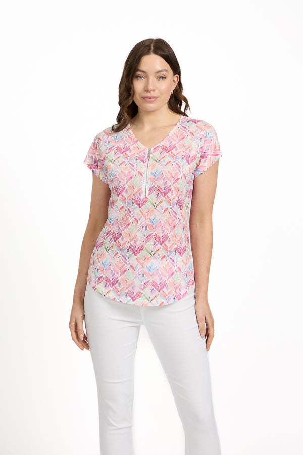 Mudflower Multicoloured Leaf Detail Zip Top Pink