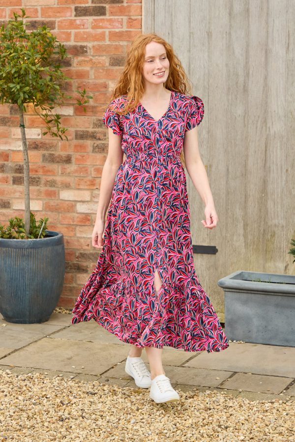 Mudflower Leaf Print Flared Button Up Midi Dress P