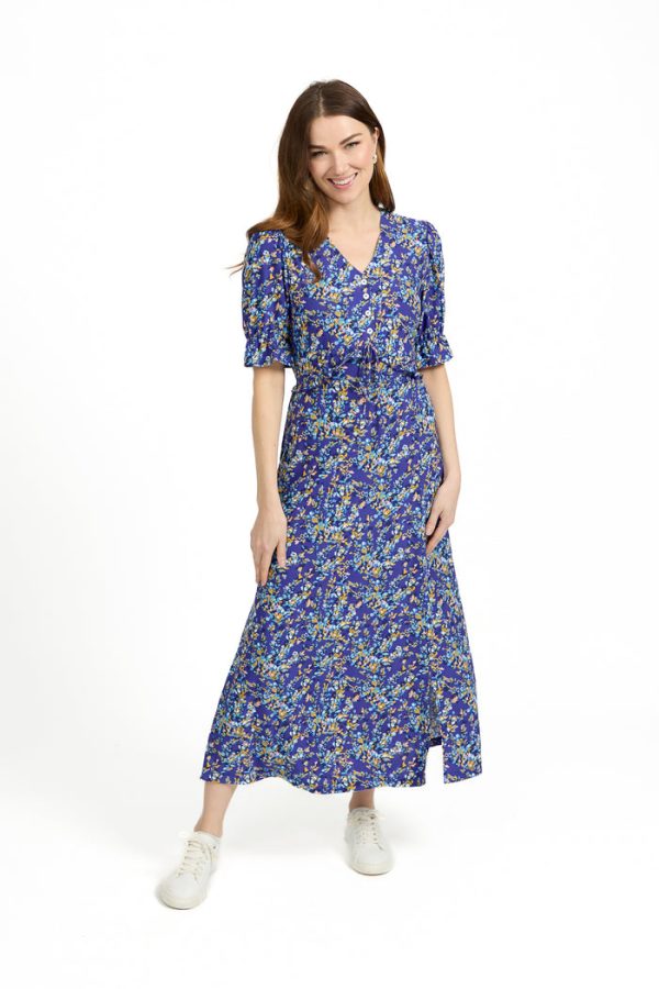 Mudflower Ditsy Print Tie Front Midi Dress Blue