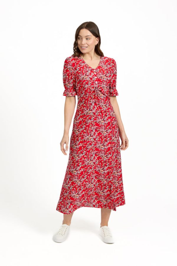Mudflower Ditsy Print Tie Front Midi Dress Red