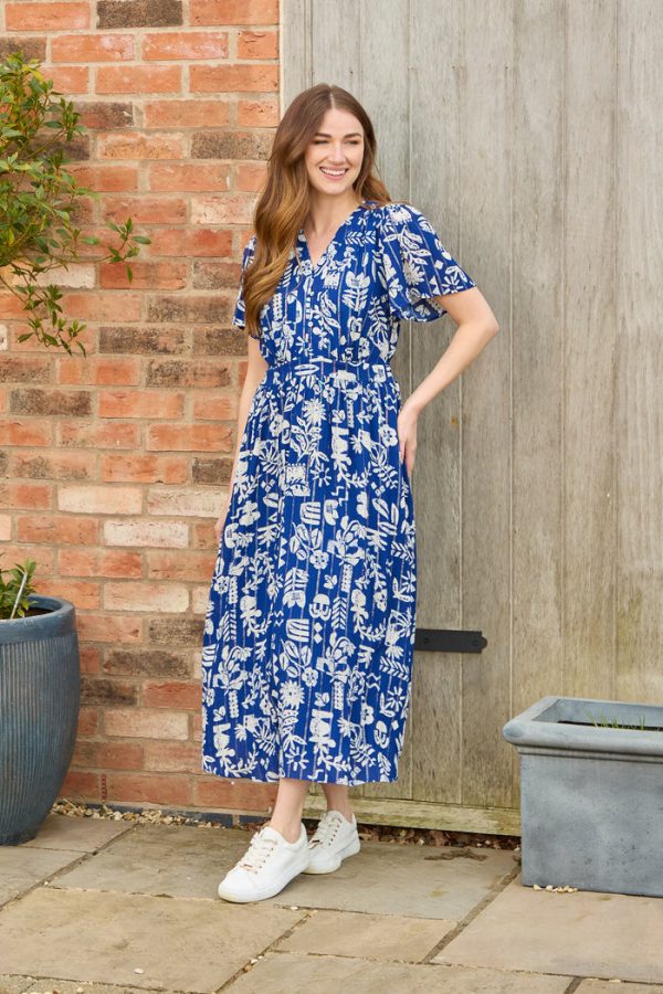 Mudflower Block Print Lurex Detail Dress Navy