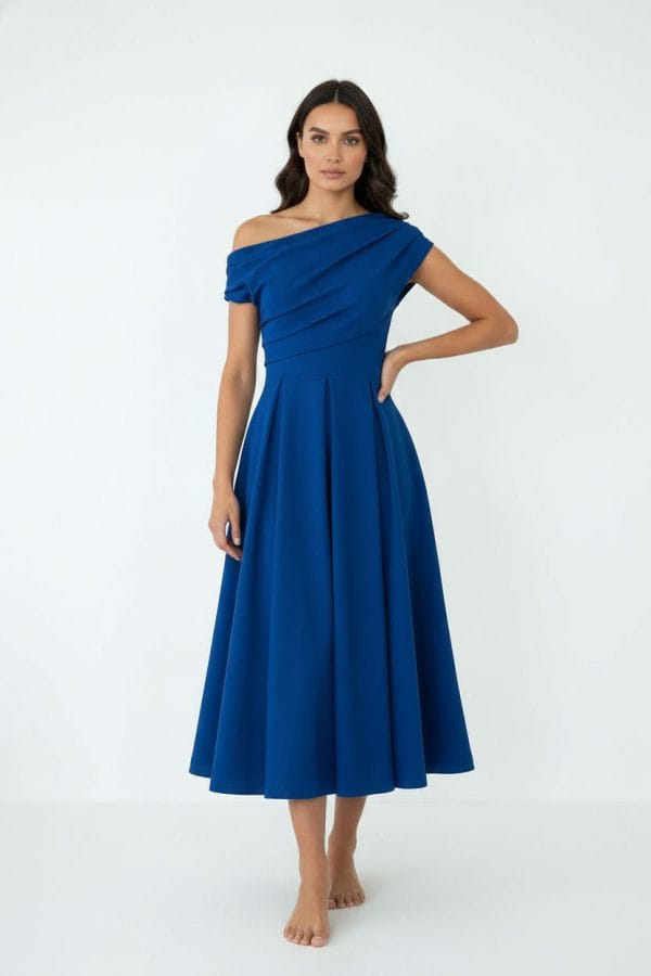 Marc Angelo Cowl One Shoulder Ruched Midi Dress Ro