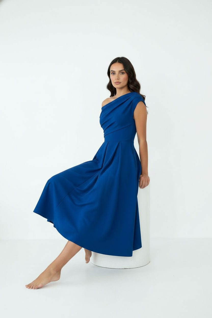 Marc Angelo Cowl One Shoulder Ruched Midi Dress Ro - Image 3