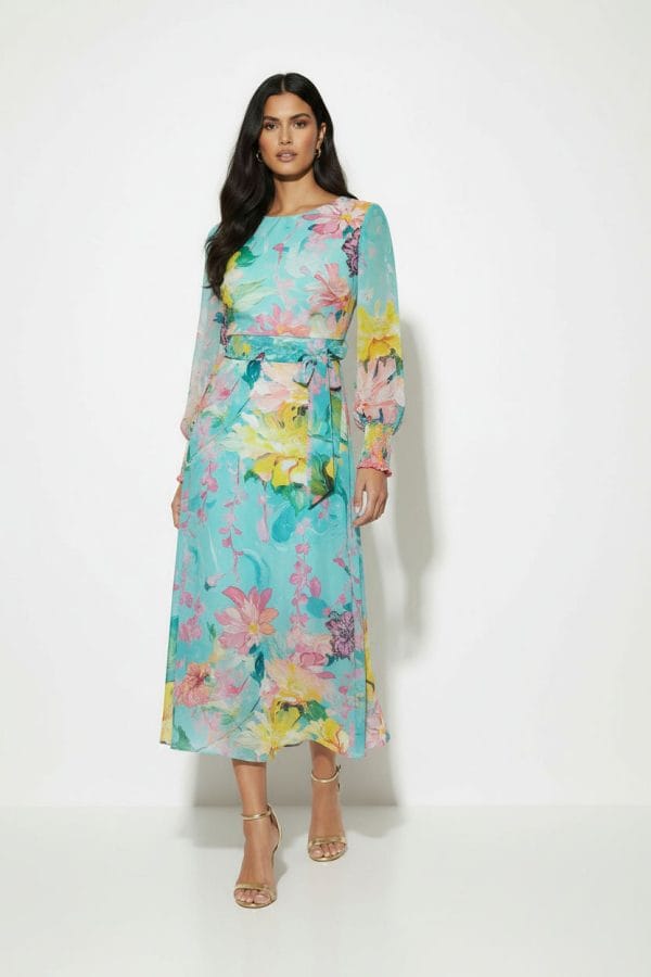 Marc Angelo Floral Belted Dress Aqua