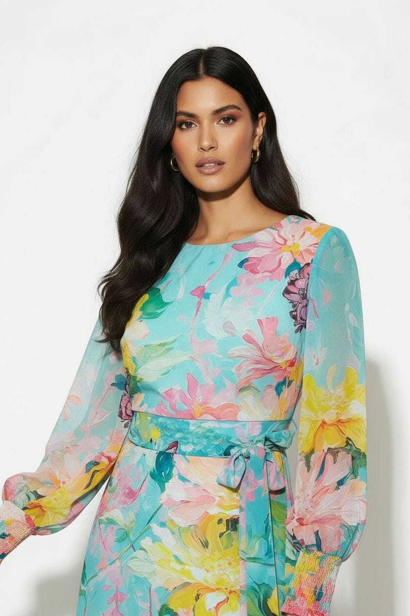 Marc Angelo Floral Belted Dress Aqua - Image 3