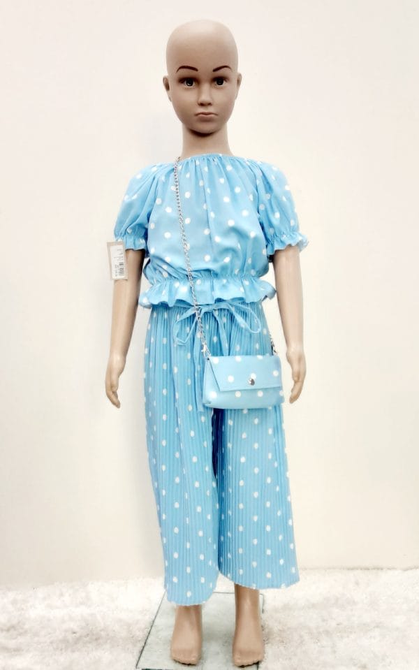 Girls Polka Dot 3pce Trousers  Top & Bag Set Blue