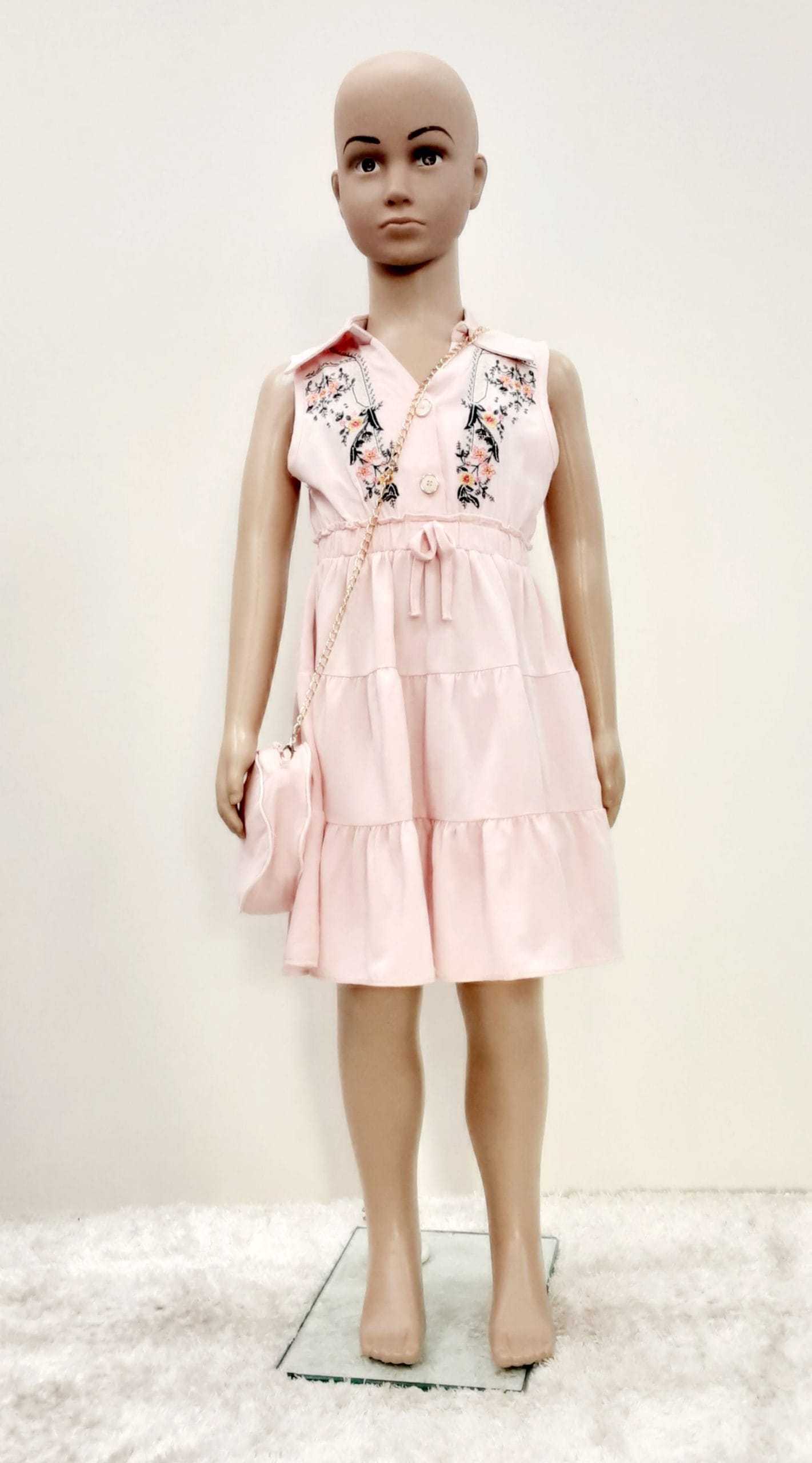 Girls Floral Embroidered Collared Dress With Bag P