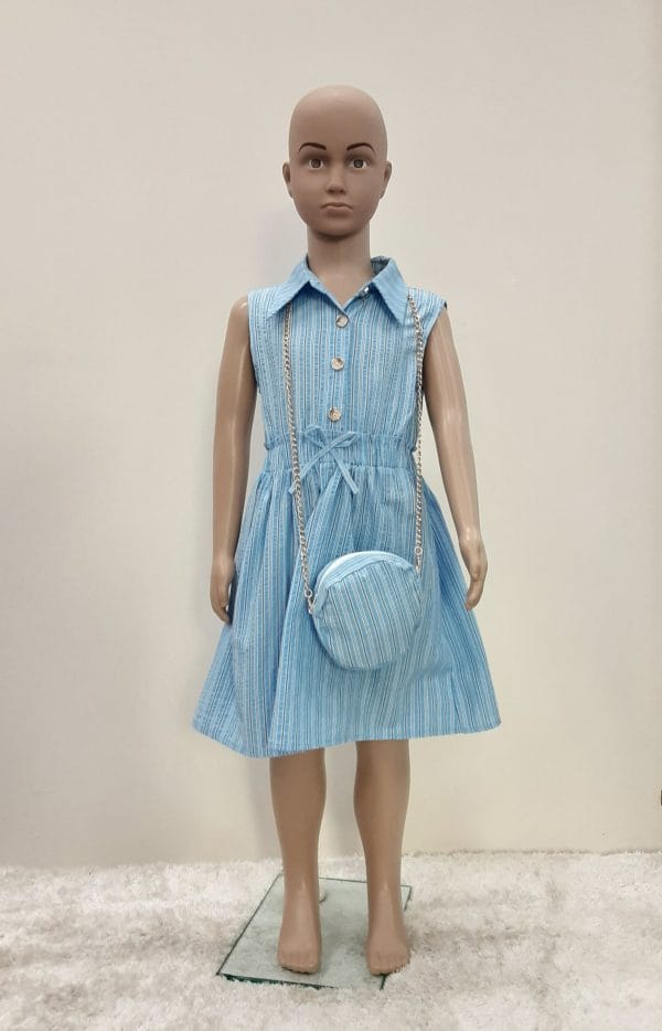 Girls Stripe Collared Dress With Bag Blue